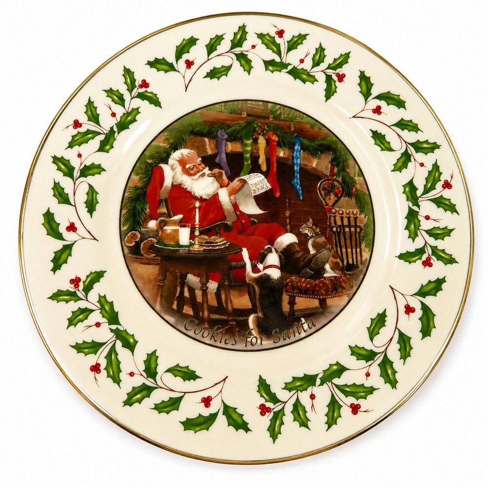 Lenox Holiday Cookies for Santa 9.5" Plate Holly Berry Gold Trim Christmas